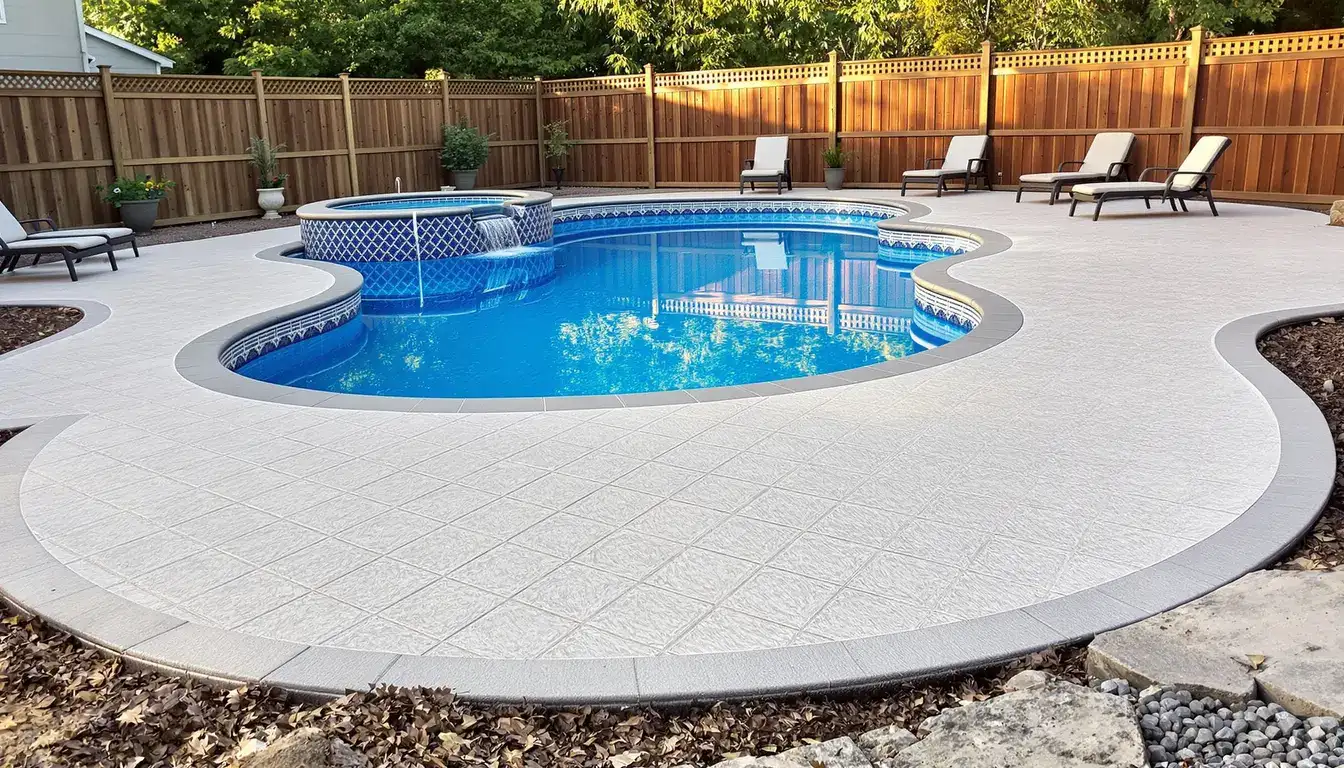 Textured concrete pool deck around a residential pool in the Kansas City area